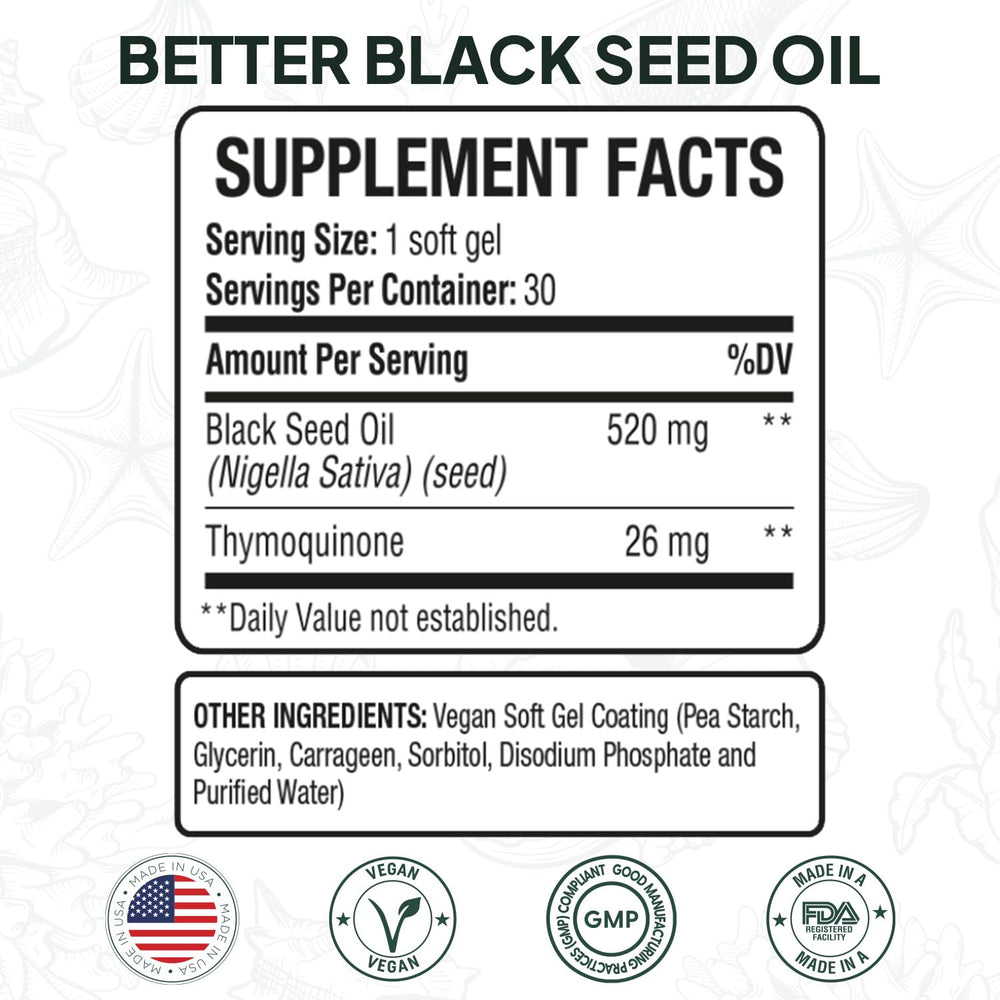 Organics Ocean Better Black Seed Oil soft gels for easy daily supplementation.