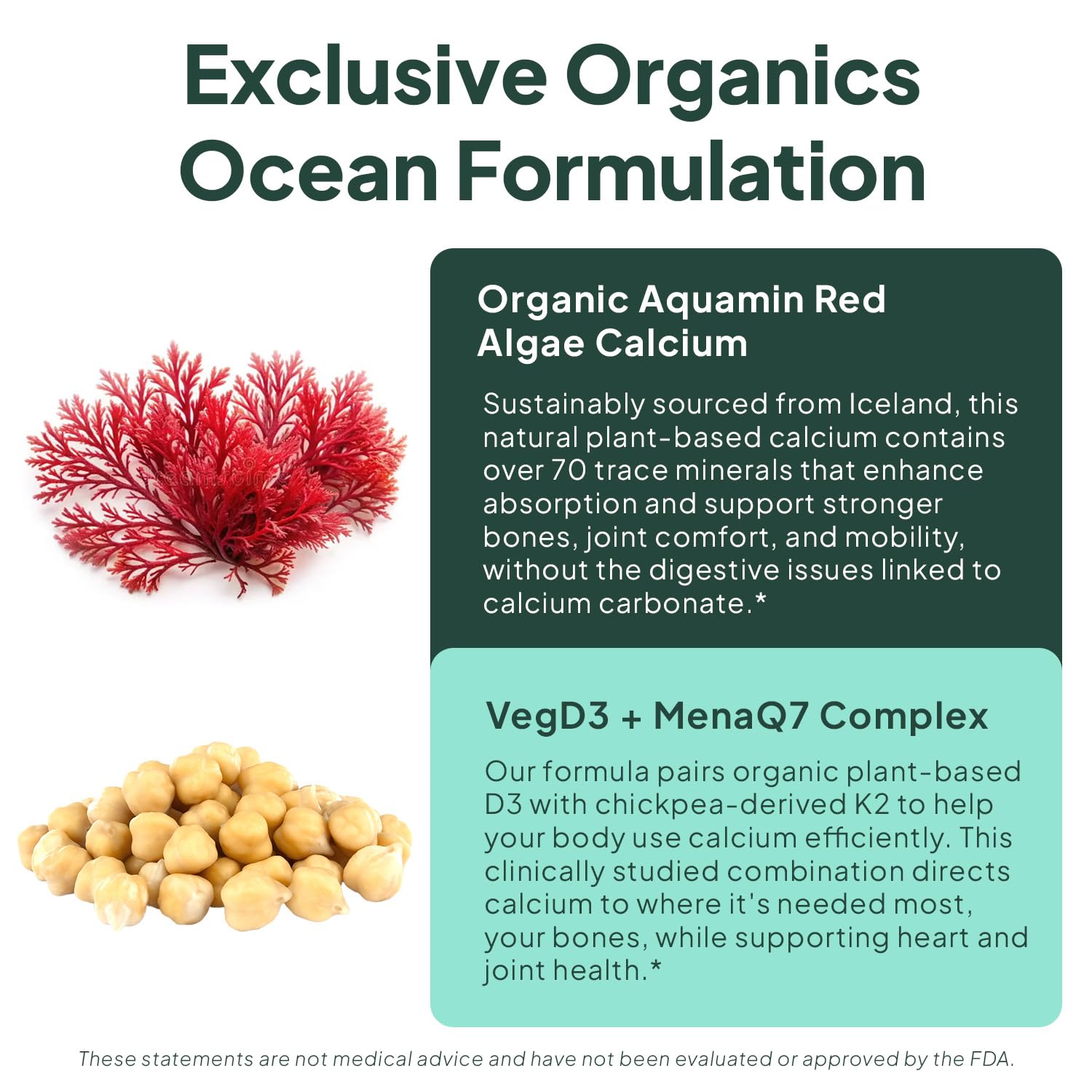 Organics Ocean Better Calcium bottle showcases organic, non-GMO packaging.