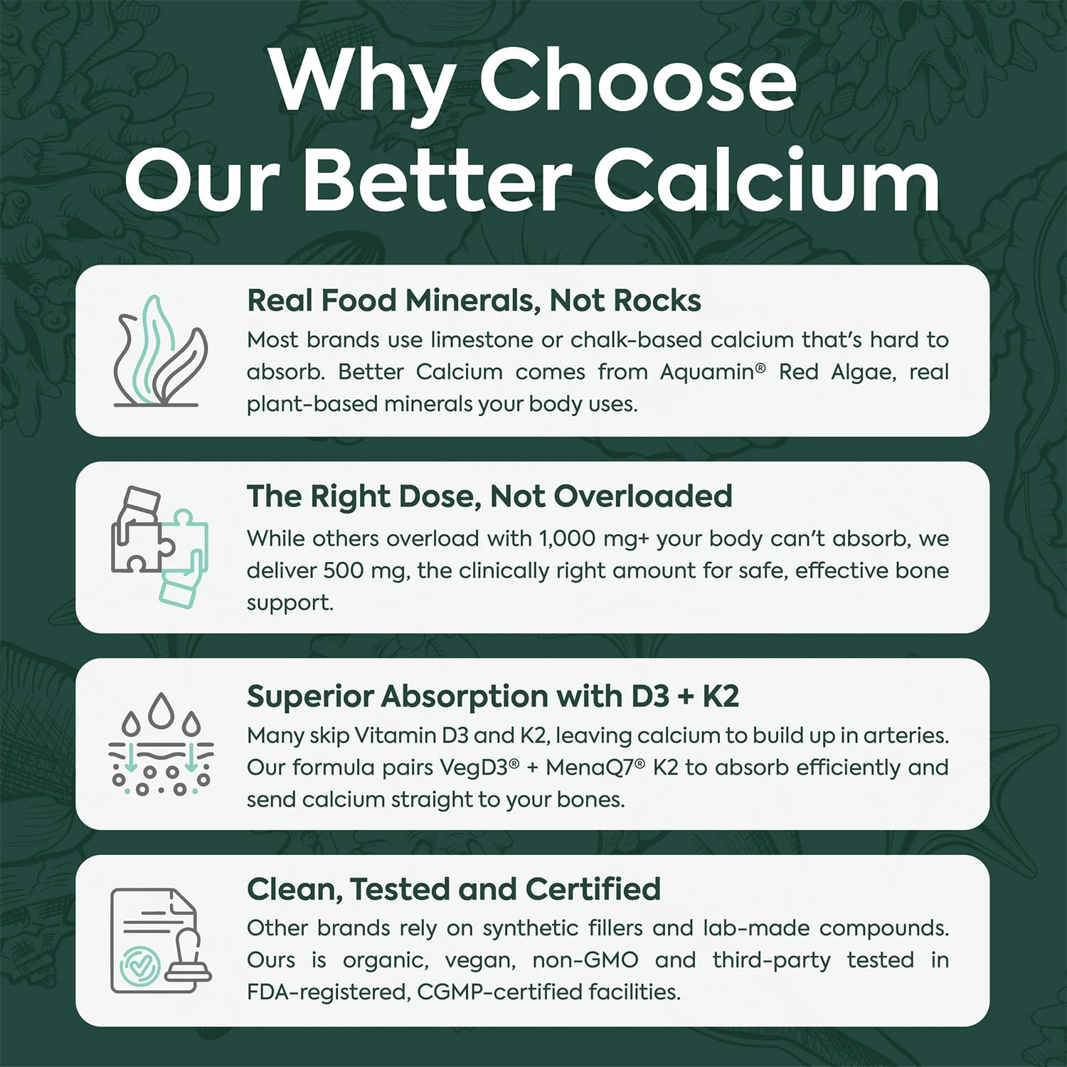 Organics Ocean Better Calcium label closeup shows the D3 and K2 trio.