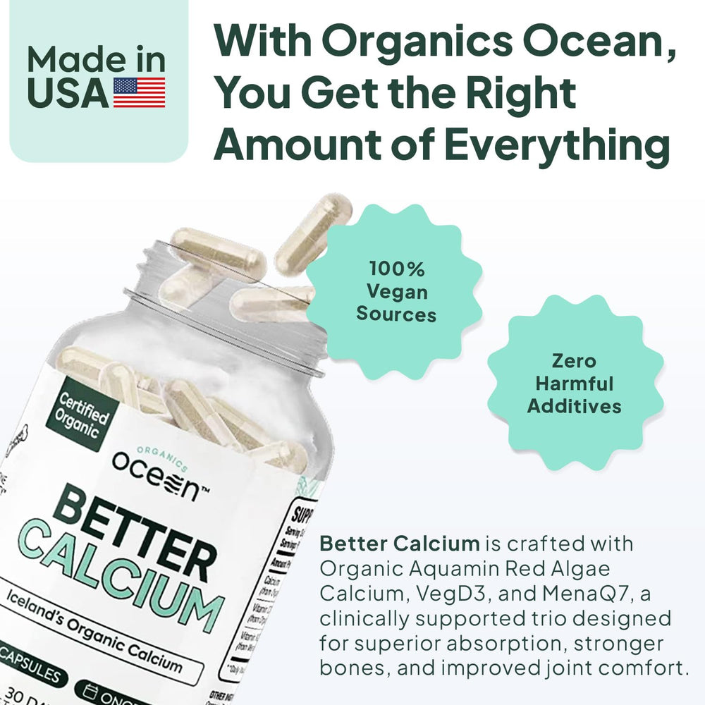 Organics Ocean Better Calcium with MenaQ7 K2 supports calcium utilization for joints.