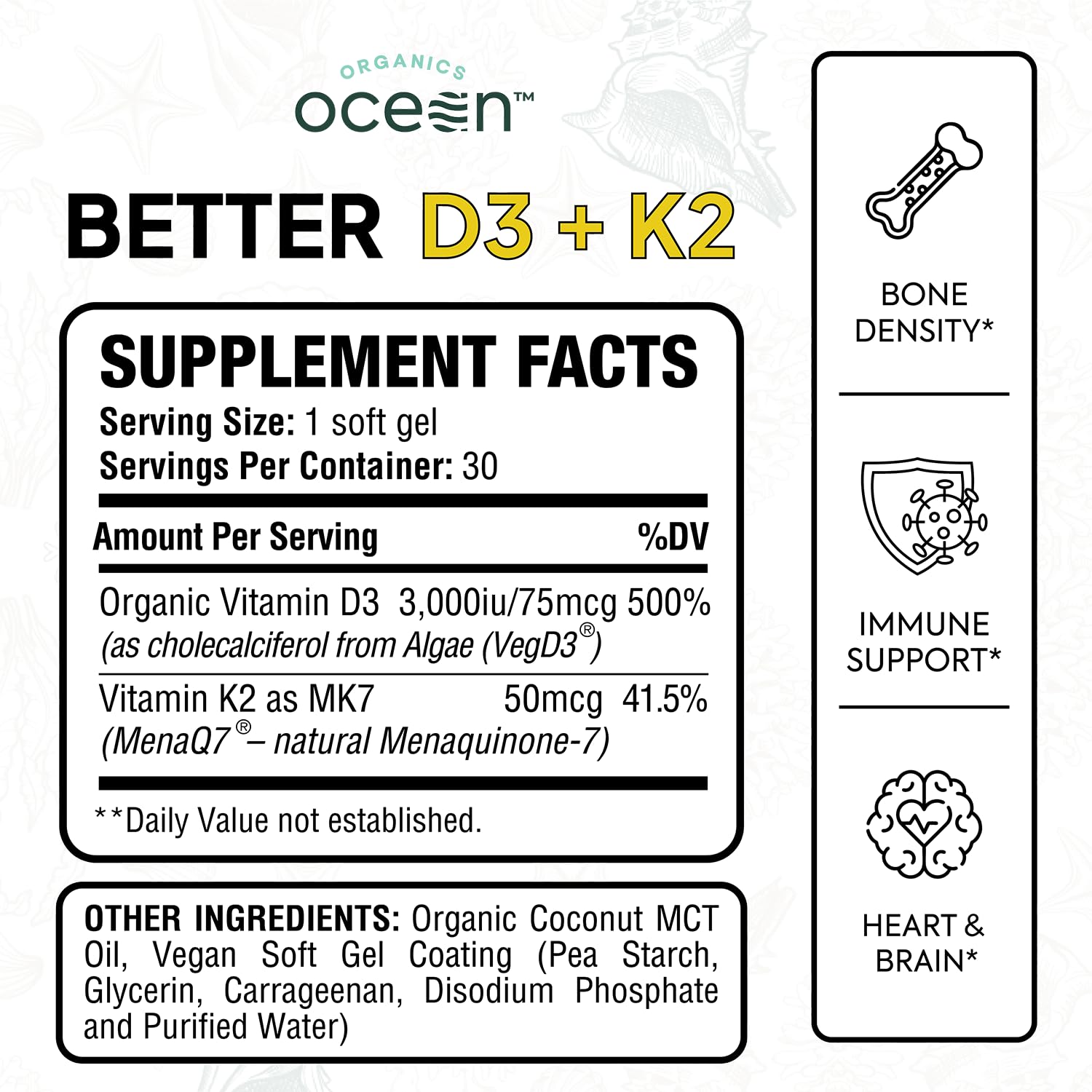 Organics Ocean Better D3 + K2 softgel packaging on a clean background for daily wellness