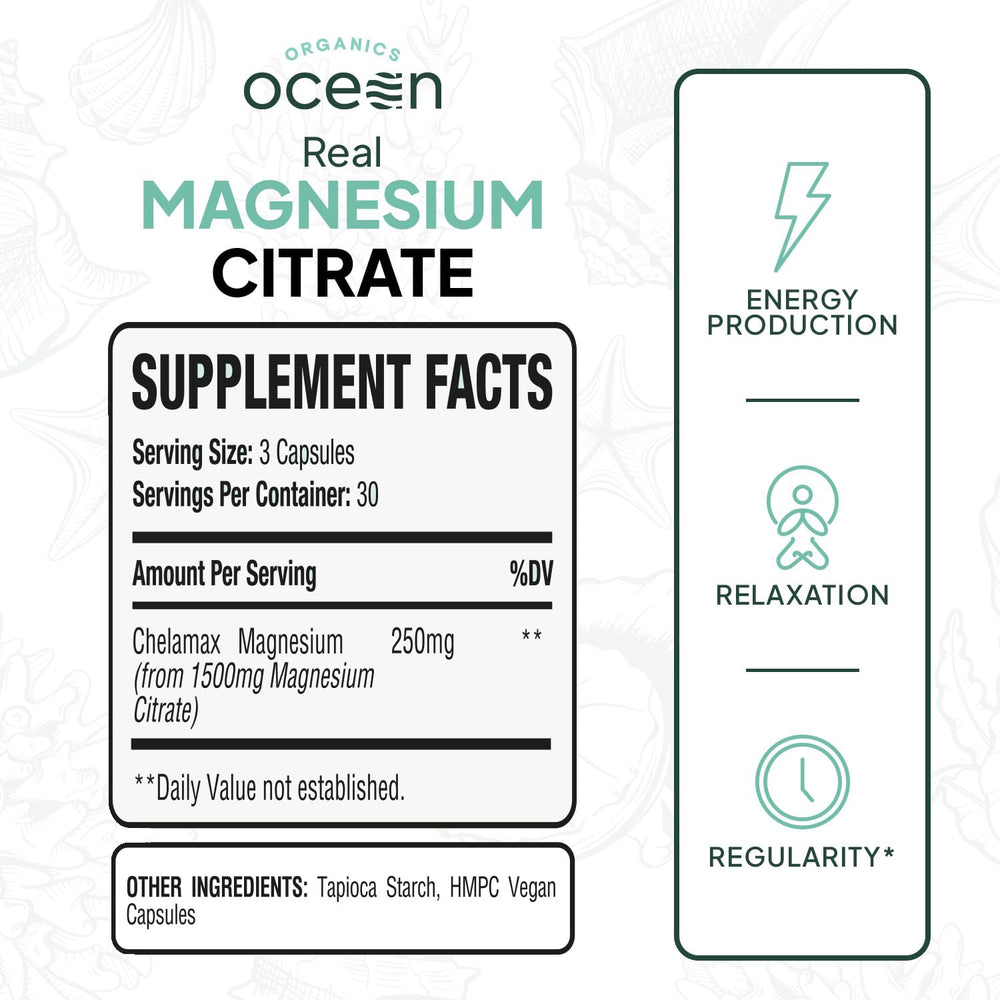 Organics Ocean chelated magnesium capsules close-up highlighting rapid absorption.