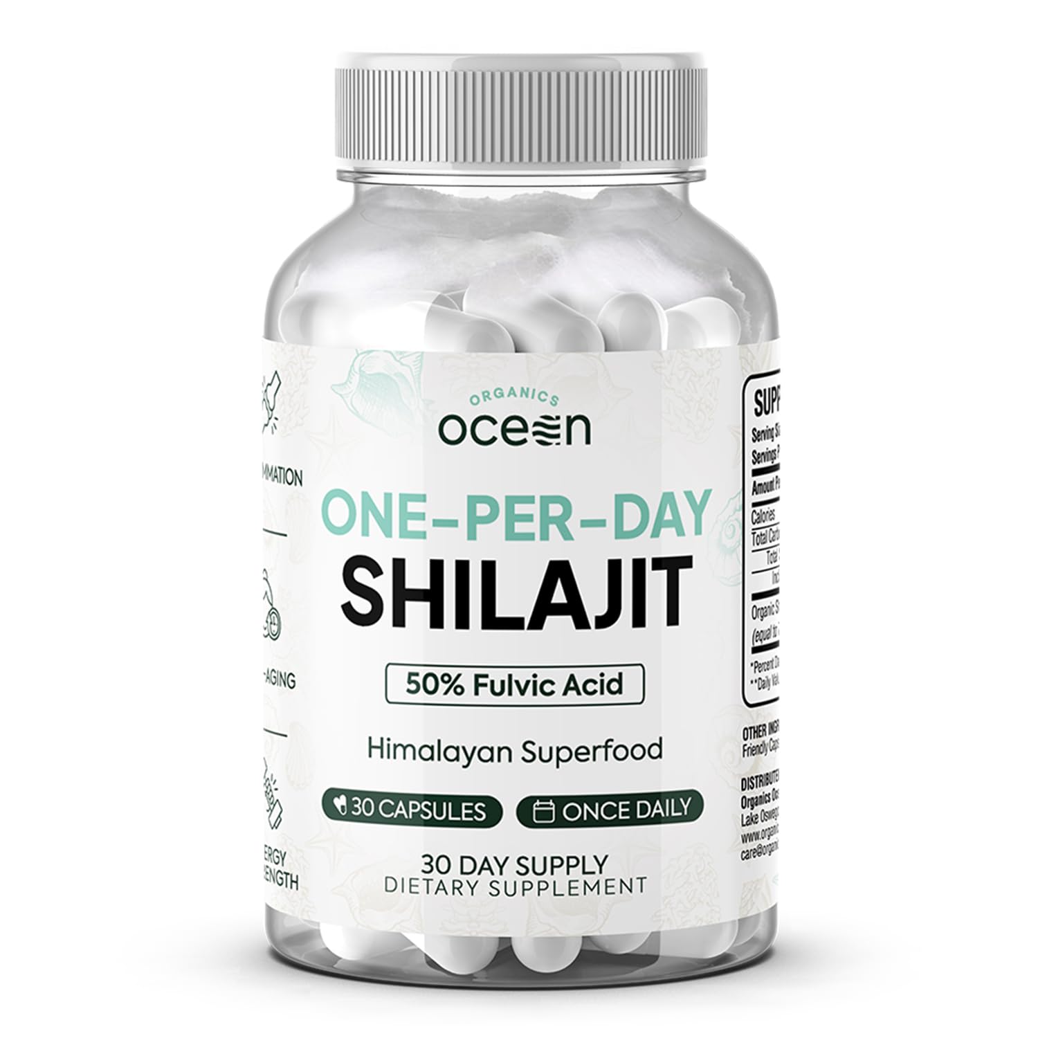 Organics Ocean One-Per-Day Shilajit bottle shows convenient daily capsule benefits for aging and vitality