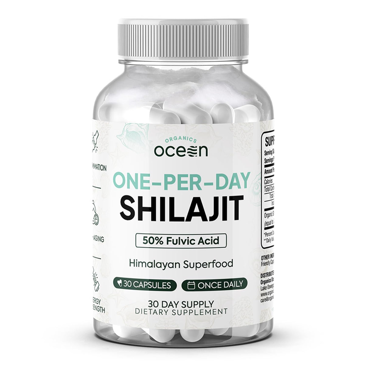 Organics Ocean One-Per-Day Shilajit bottle shows convenient daily capsule benefits for aging and vitality