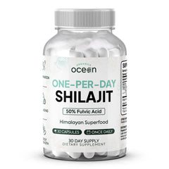 Organics Ocean One-Per-Day Shilajit bottle shows convenient daily capsule benefits for aging and vitality