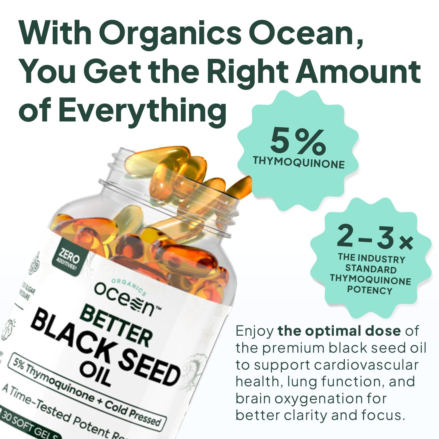 Organics Ocean Better Black Seed Oil bottle close-up highlighting five-percent thymoquinone.