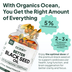 Organics Ocean Better Black Seed Oil bottle close-up highlighting five-percent thymoquinone.