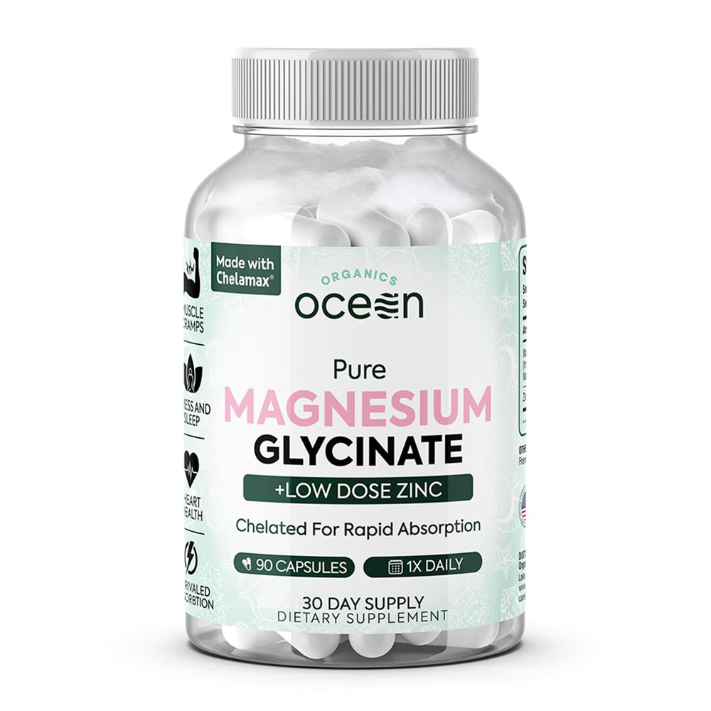Organics Ocean Pure Magnesium Glycinate with Zinc bottle shows premium mineral blend for daily support.