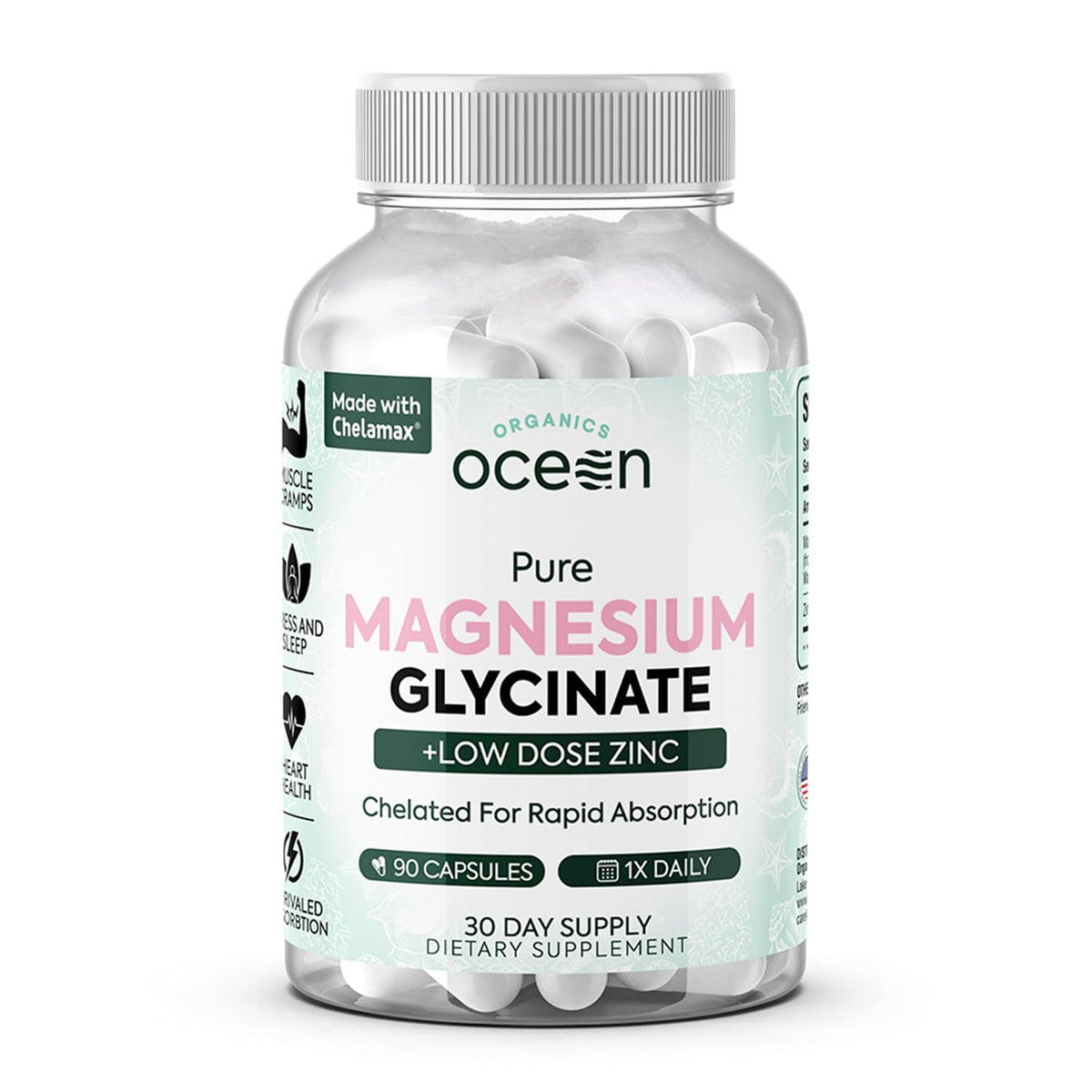 Organics Ocean Pure Magnesium Glycinate with Zinc bottle shows premium mineral blend for daily support.
