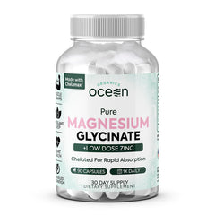 Organics Ocean Pure Magnesium Glycinate with Zinc bottle shows premium mineral blend for daily support.