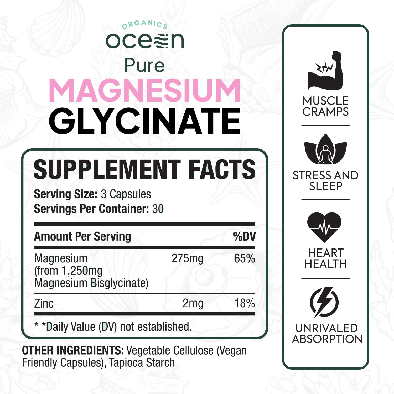 Organics Ocean magnesium glycinate capsules highlight chelated formulation for smoother digestion.