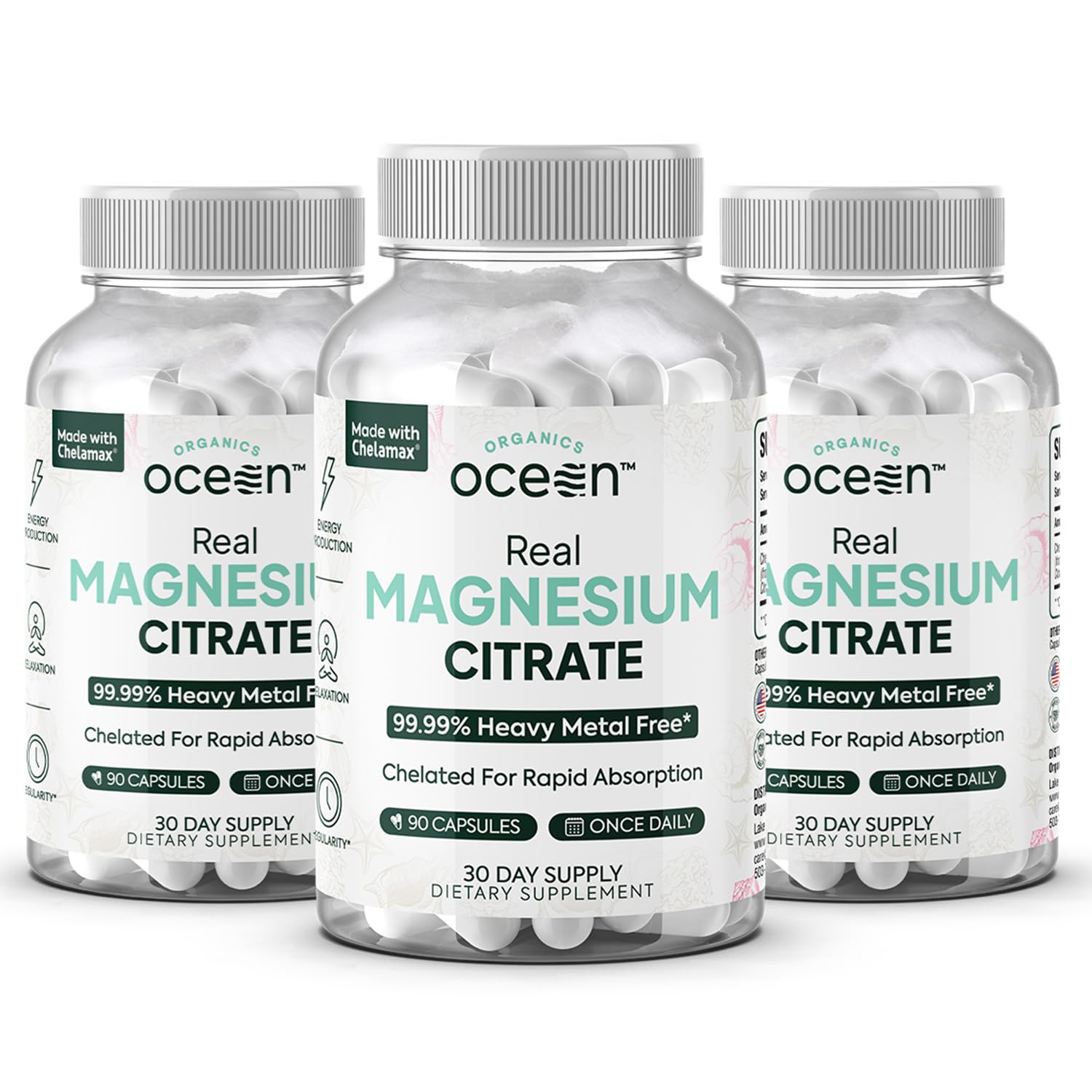 Organics Ocean Real Magnesium Citrate bottle front for high absorption and daily energy.