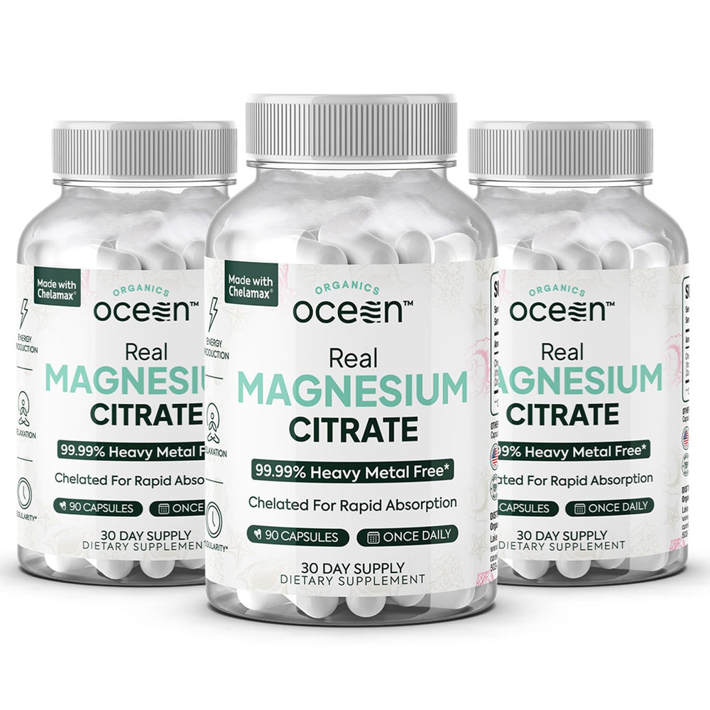 Organics Ocean Real Magnesium Citrate bottle front for high absorption and daily energy.