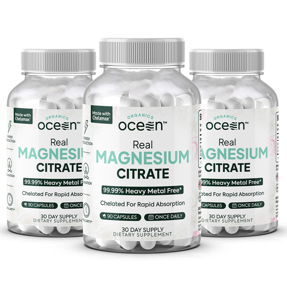 Organics Ocean Real Magnesium Citrate bottle front for high absorption and daily energy.