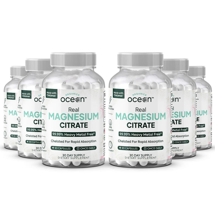 Organics Ocean Real Magnesium Citrate bottle; easy capsules for daily energy.