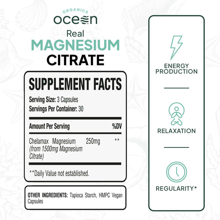 Organics Ocean Real Magnesium Citrate capsules closeup; highlights purity and simple dosing.