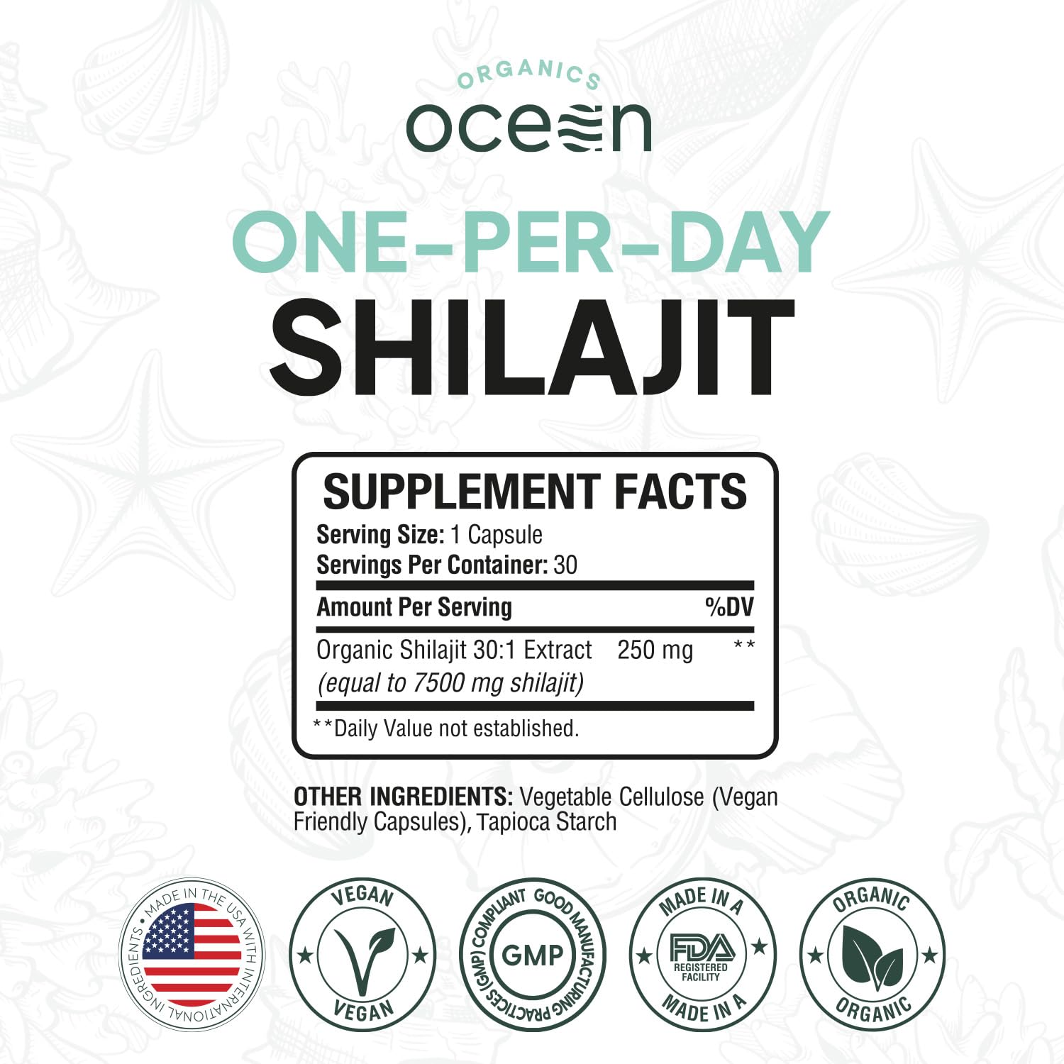 Organics Ocean shilajit capsules closeup highlights potent 50% fulvic acid and 85 minerals