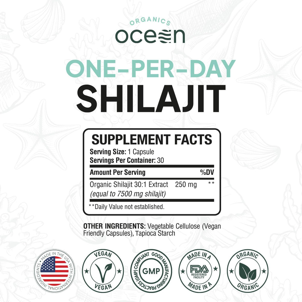 Organics Ocean shilajit capsules closeup highlights potent 50% fulvic acid and 85 minerals