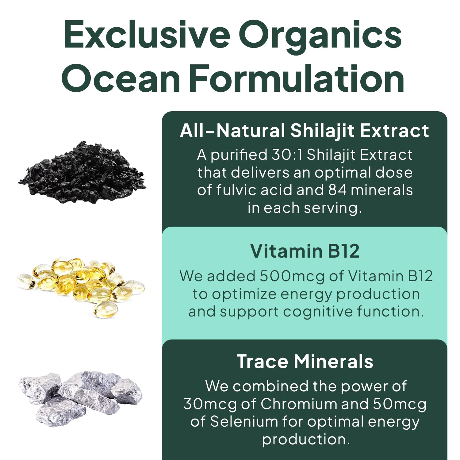 Label details 50% fulvic acid and 84 minerals in Organics Ocean Shilajit gummies.