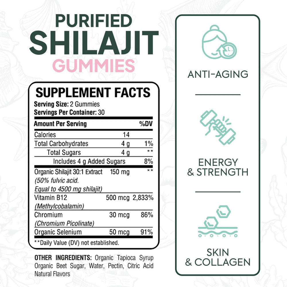 Organics Ocean Shilajit gummies being poured suggests convenient daily energy.