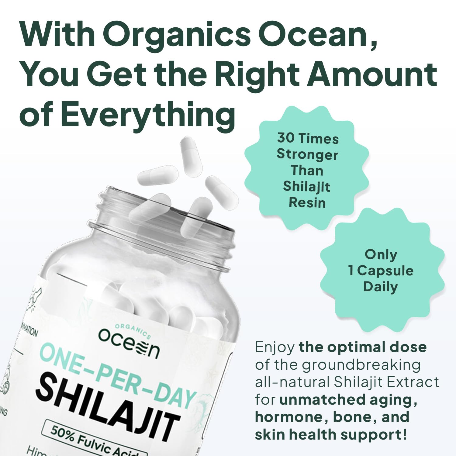 Organics Ocean shilajit label front emphasizes pure extract and single additive formula
