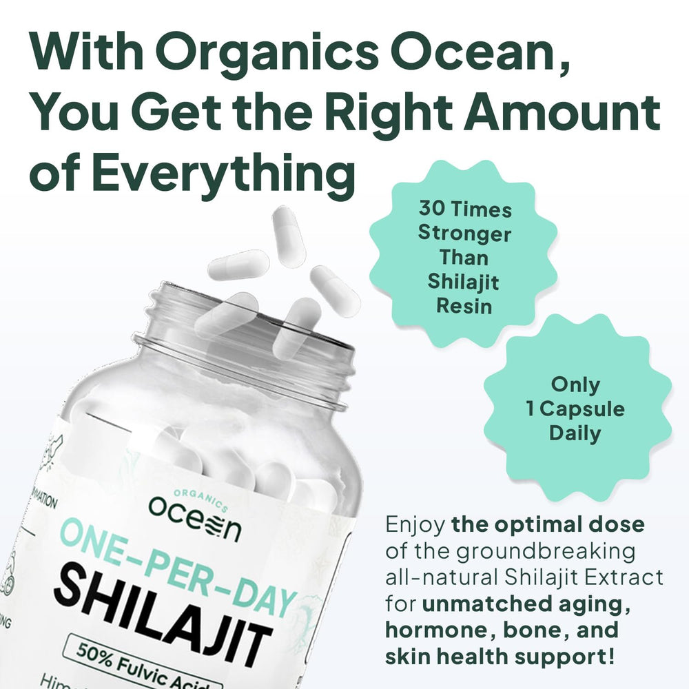 Organics Ocean shilajit label front emphasizes pure extract and single additive formula