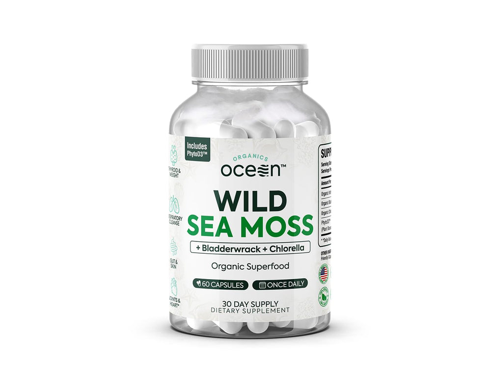 Organics Ocean Wild Sea Moss Capsules bottle for daily energy support