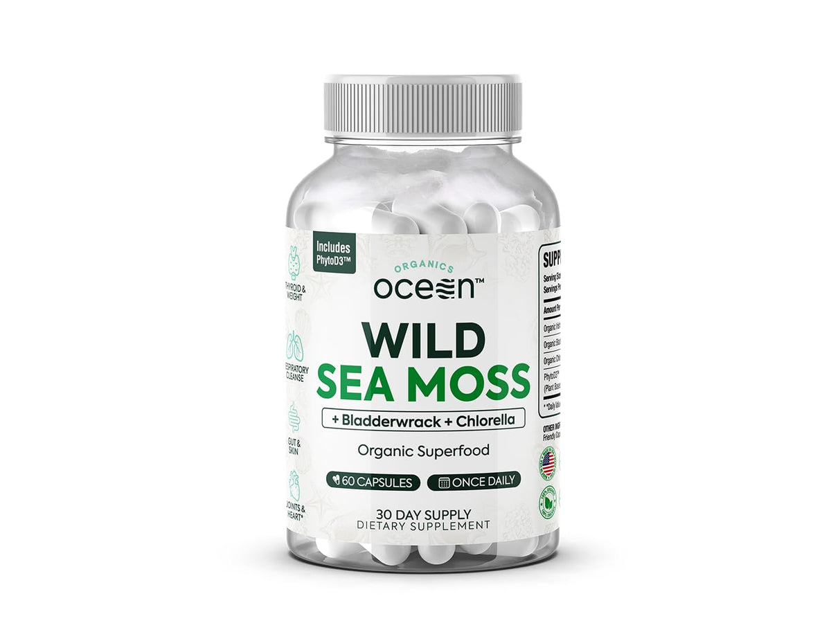 Organics Ocean Wild Sea Moss Capsules bottle for daily energy support