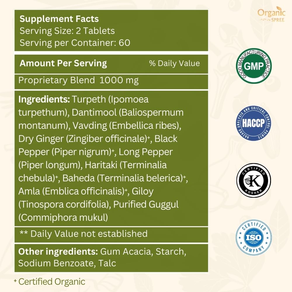 Packaging box for Organic Spree Kaishor Guggulu communicates Ayurveda heritage and quality.