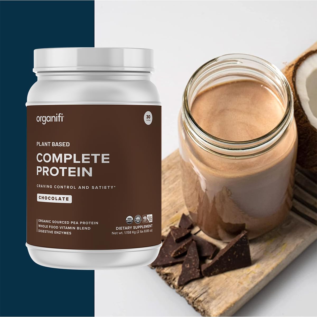 Organifi Complete Protein Chocolate glass ready for a wellness routine.