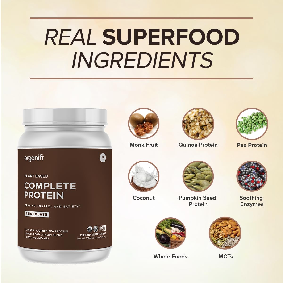 Organifi Complete Protein Chocolate ingredients label highlights plant-based protein and enzymes.