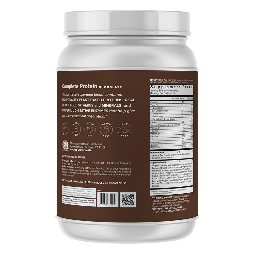 Organifi Complete Protein Chocolate pour, post-workout shake ready to sip.