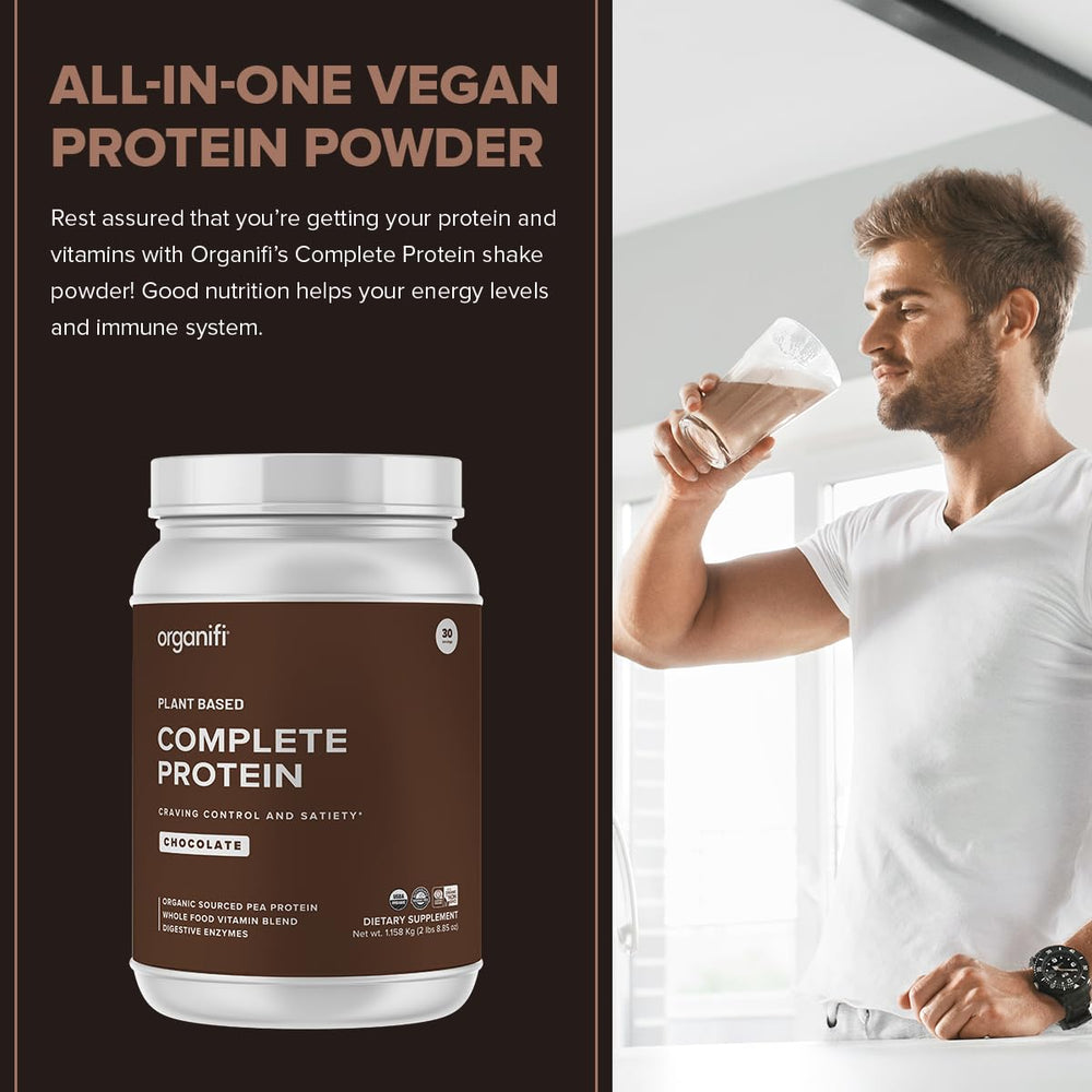 Organifi Complete Protein Chocolate scoop beside ingredients for a quick balanced snack.