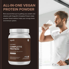 Organifi Complete Protein Chocolate scoop beside ingredients for a quick balanced snack.