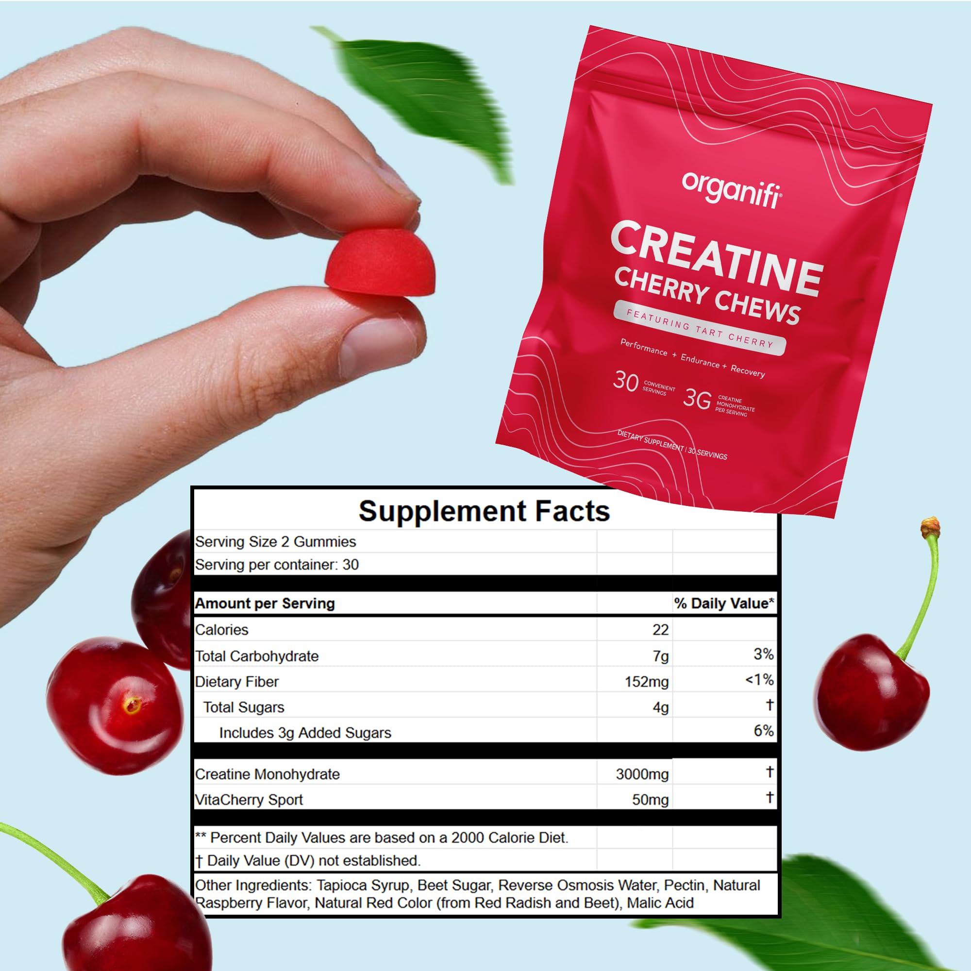 Organifi Creatine Chews texture closeup shows chewy cherry gummies for steady energy
