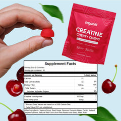Organifi Creatine Chews texture closeup shows chewy cherry gummies for steady energy