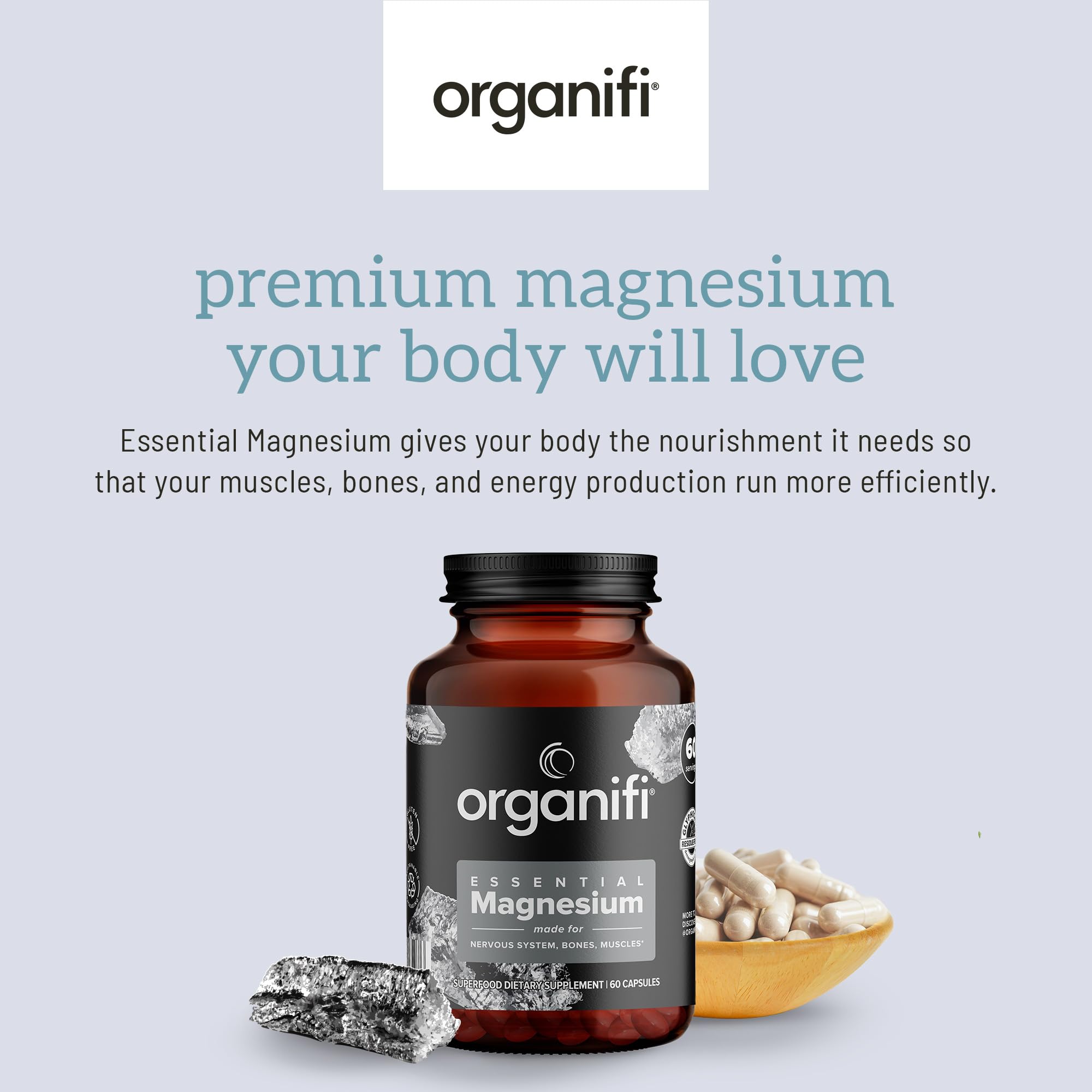 Organifi Essential Magnesium Glycinate dosage scoop and capsules illustrating simple daily intake.