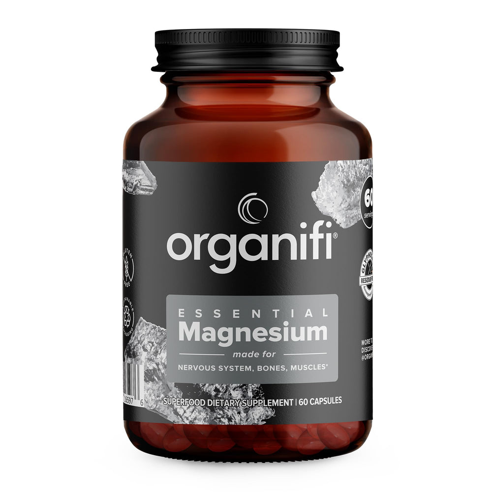 Organifi Essential Magnesium Glycinate bottle with capsules supporting daily bone and muscle health.