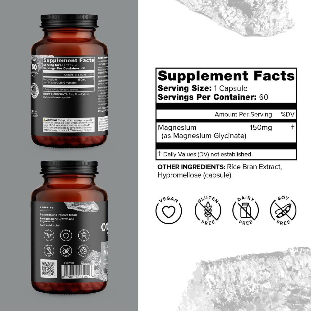 Close-up of Organifi Essential Magnesium Glycinate capsules for gentle, highly absorbable daily use.