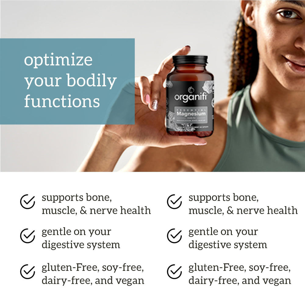 Organifi Essential Magnesium Glycinate label highlighting vegan formula and easy absorption.