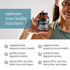 Organifi Essential Magnesium Glycinate label highlighting vegan formula and easy absorption.