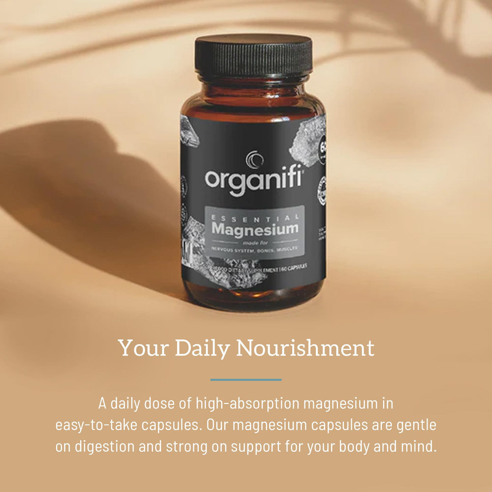 Organifi Essential Magnesium packaging box showing dosage information and vegan capsules.