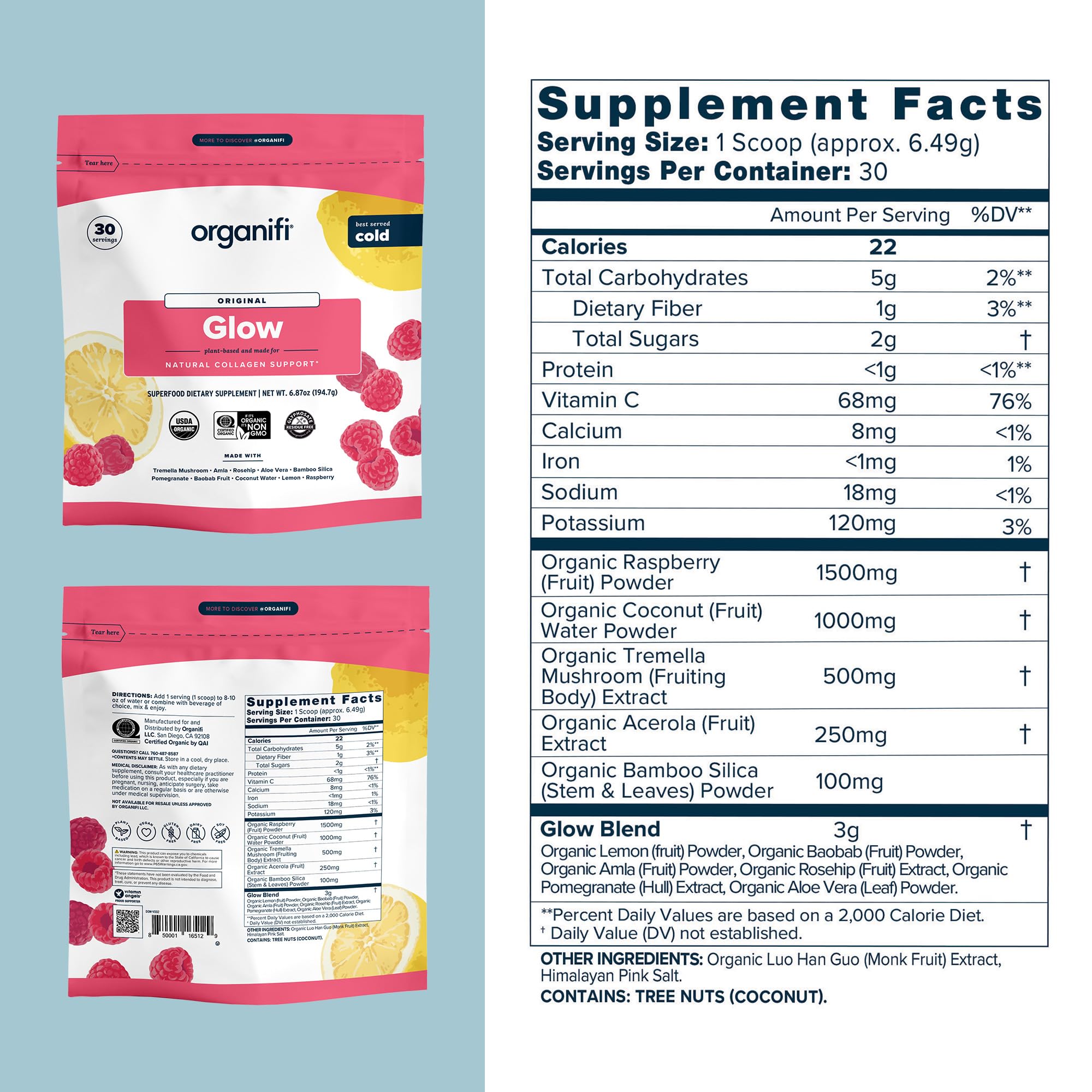 Organifi Glow ingredient blend in a bowl highlighting superfoods.