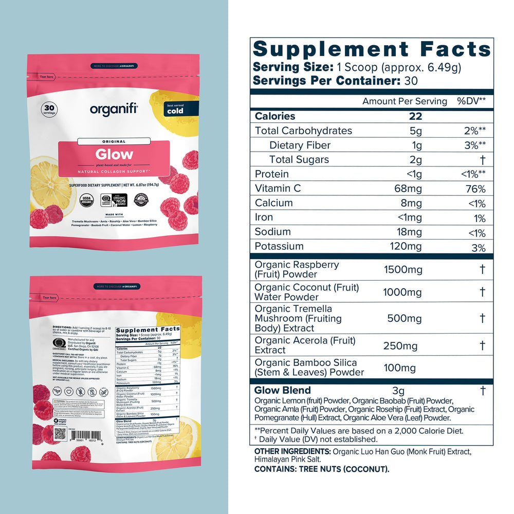 Organifi Glow ingredient blend in a bowl highlighting superfoods.