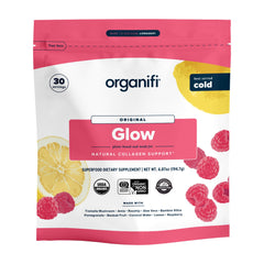 Organifi Glow raspberry lemonade drink ready to sip for radiant skin.