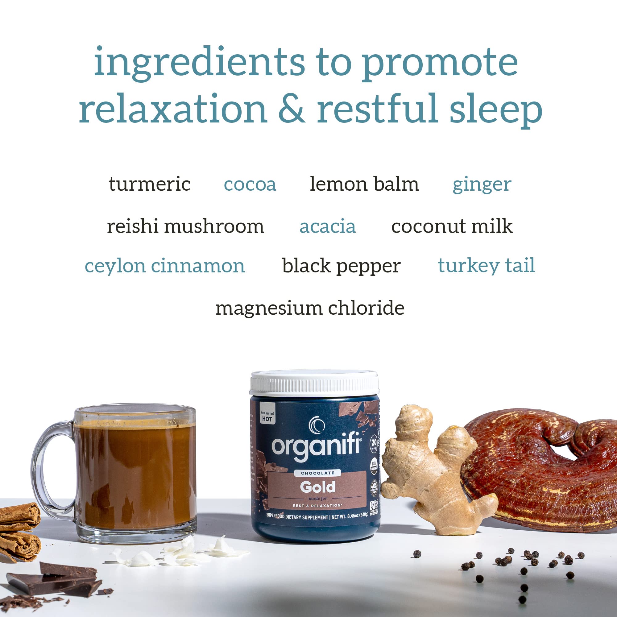 Organifi Gold Chocolate ingredients like turmeric and ginger support a comforting evening.