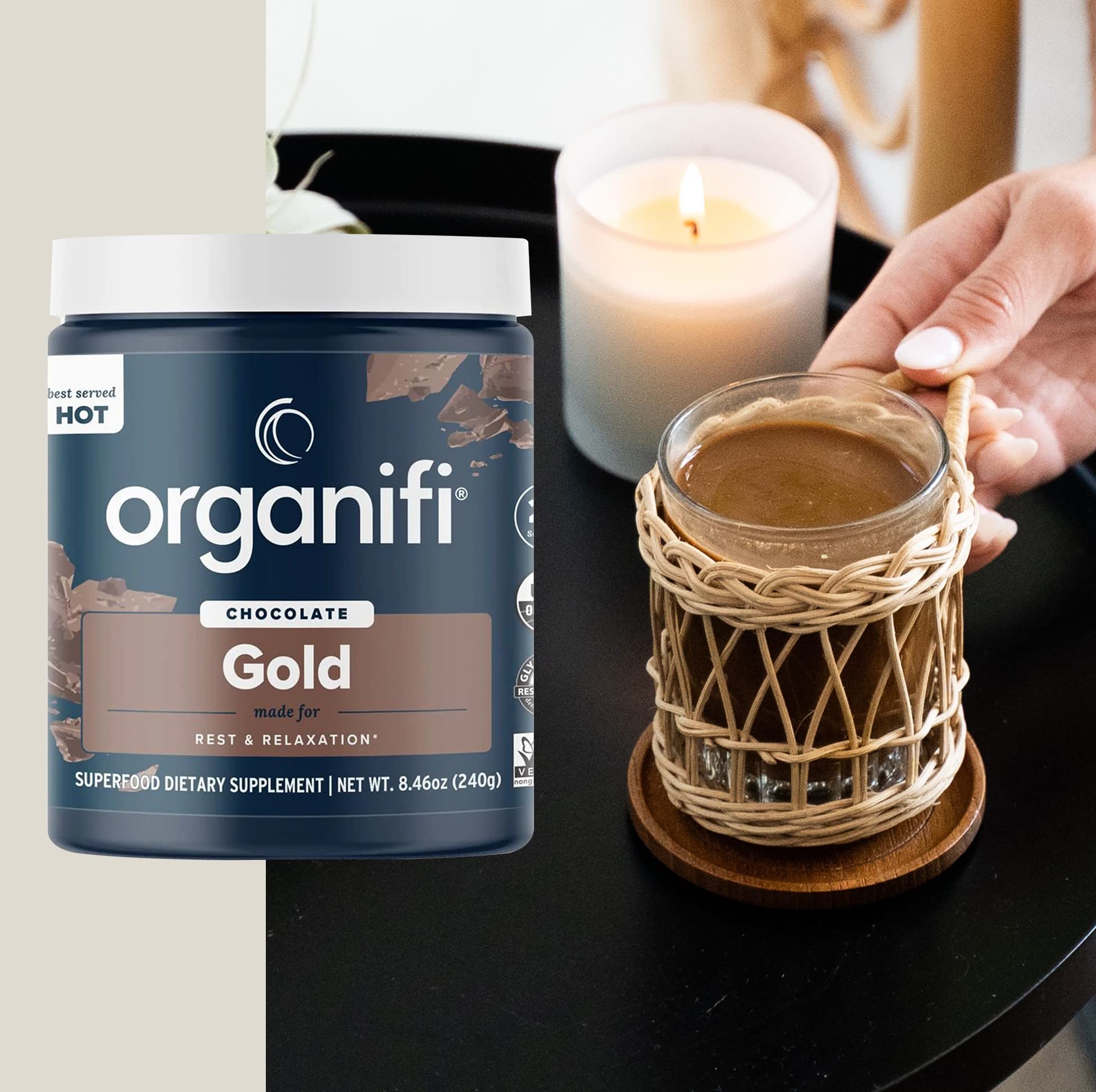 Organifi Gold Chocolate nighttime ritual idea for winding down.