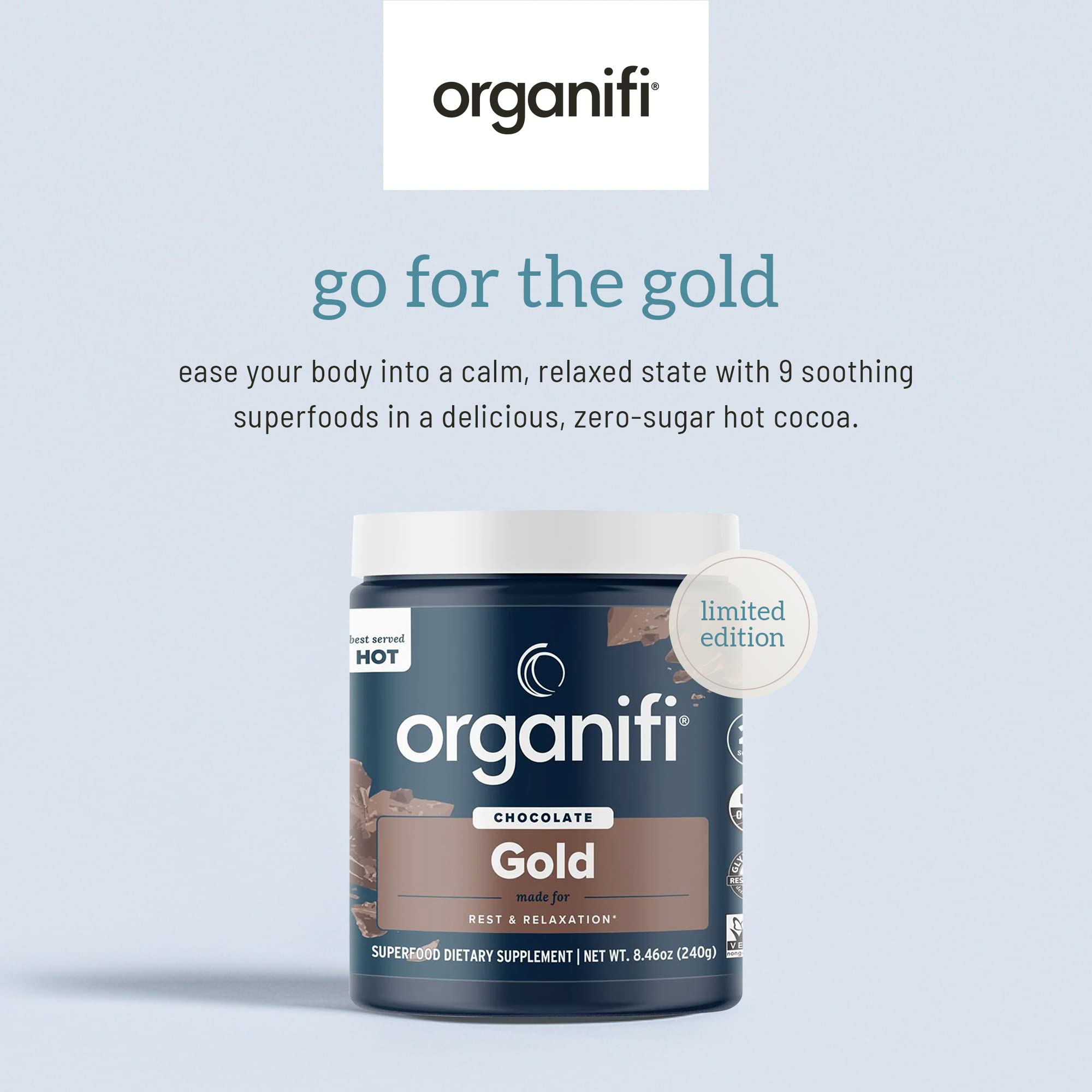 Organifi Gold Chocolate package front showing premium plant-based formula.
