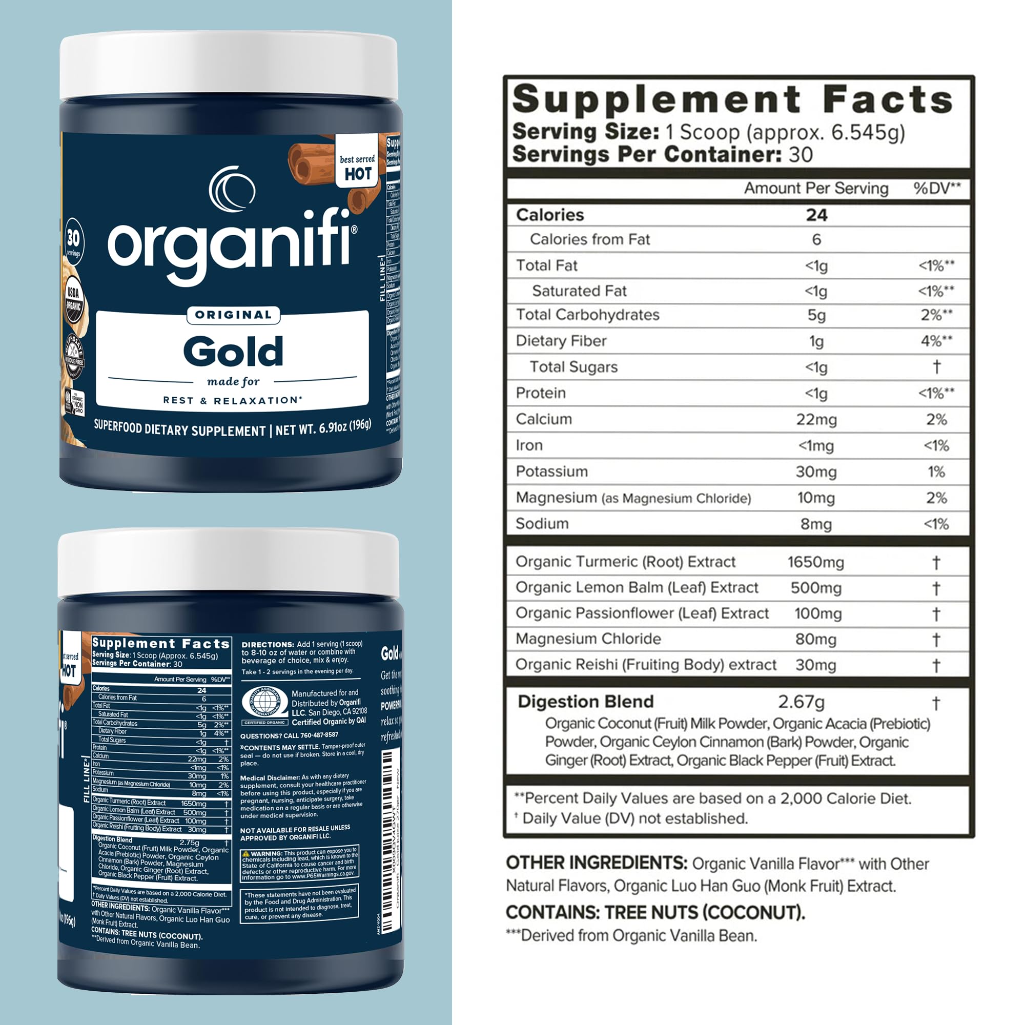 Organifi Gold cup ready to sip, inviting calm and sleep-supporting relaxation