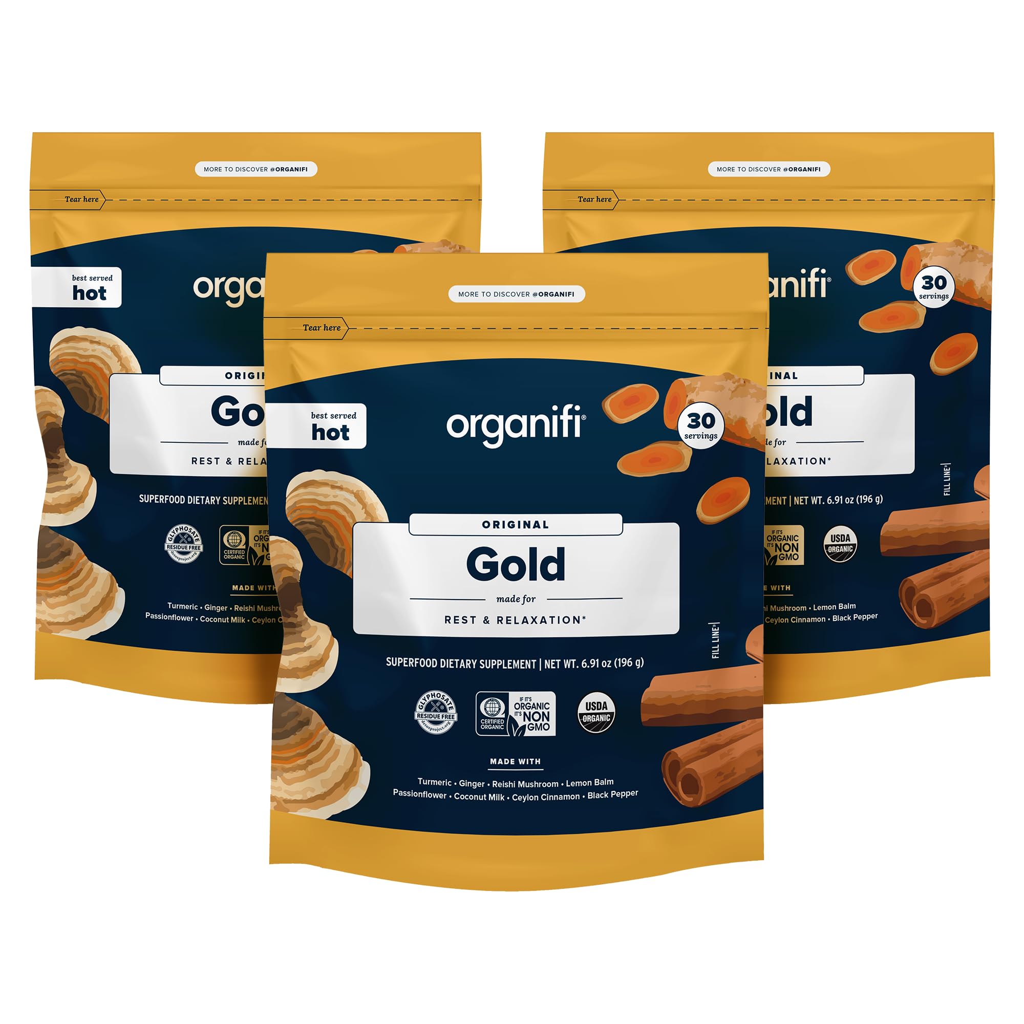 Organifi Gold cup steaming to evoke a calming nightly ritual.